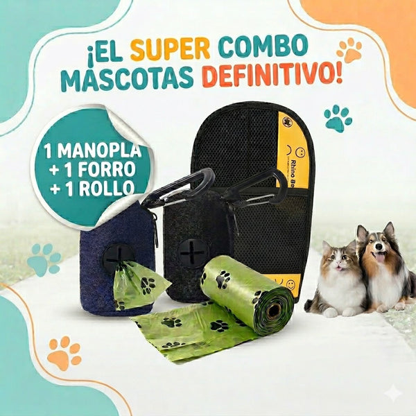Súper Combo Mascotas 3 En 1 – Manopla Quitapelos + Forro + 1 Rollo De Bolsas